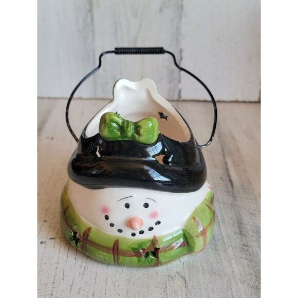 Snowman face tea light candle holder green bow star Xmas figure - Picture 1 of 11
